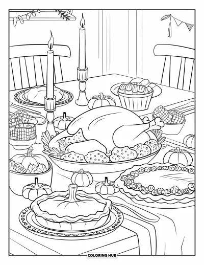 Coloriage d'automne pour adultes : Un délicieux repas de fête avec pain de maïs, tarte à la citrouille et bougie lumineuse