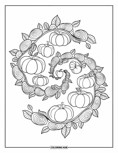 Coloriage d'automne pour adultes : Un mandala d'automne détaillé centré sur une citrouille, entourée de motifs tourbillonnants