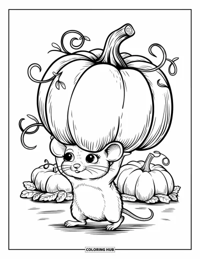 Coloriage d'automne pour adultes : Une souris déterminée vacille sous le poids d'une citrouille, avec des vrilles qui s'enroulent autour