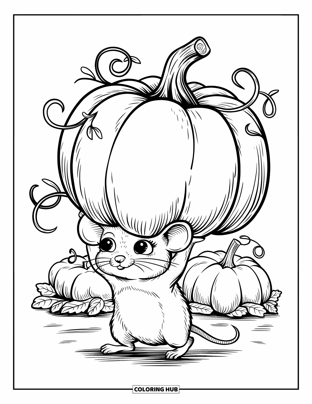 Desenho de outono para colorir para adultos: Um rato determinado cambaleia sob o peso de uma abóbora, vinhas se enrolando ao redor dela