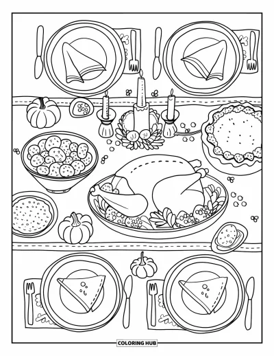 Coloriage d'automne pour adultes : Une table festive avec dinde, purée de pommes de terre et décorations chaudes d'automne