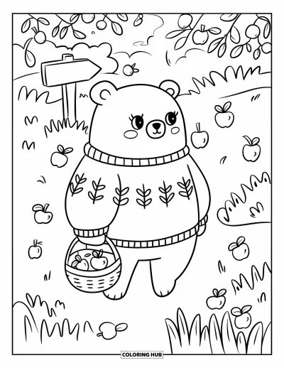 Coloriage d'automne pour adultes : Un ours duveteux en pull confortable marche dans un verger, des pommes dans son panier