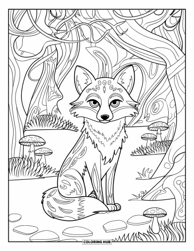 Coloriage d'automne pour adultes : Un renard aux marquages de fourrure détaillés est assis dans une forêt mystique aux racines noueuses