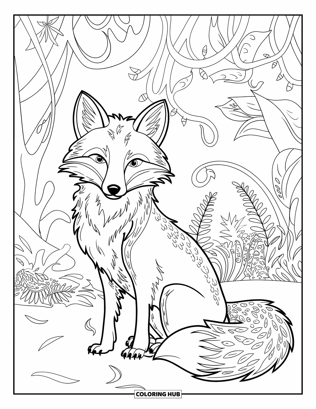 Desenho de outono para colorir para adultos: Uma raposa com padrões de pele intrincados senta-se em uma floresta encantada de vinhas rodopiantes