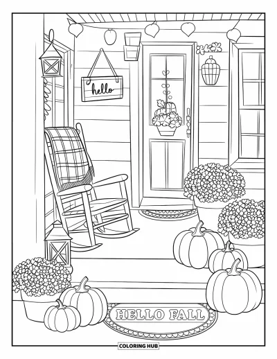 Coloriage d'automne pour adultes : Un perron rempli de citrouilles, une couverture à carreaux et une pancarte 