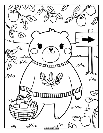 Coloriage d'automne pour adultes : Un ours doux dans un pull chaud se promène près d'une enseigne de verger, portant des pommes fraîches