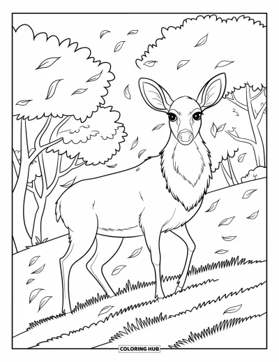 Coloriage d'automne pour adultes : Un cerf gracieux aux bois détaillés se tient devant un décor de collines ondulantes