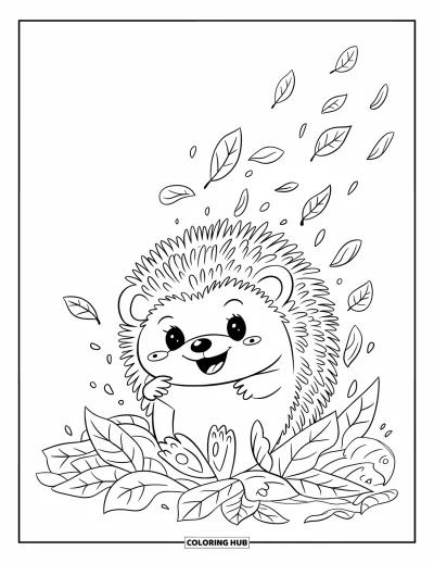 Coloriage d'automne pour adultes : Un hérisson heureux roule dans un tas de feuilles, ses petites pattes sorties de joie