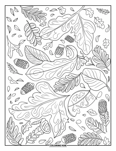 Coloriage d'automne pour adultes : Une composition d'automne très détaillée de feuilles et de glands éparpillés
