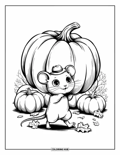 Coloriage d'automne pour adultes : Une petite souris tient à peine une citrouille, entourée de feuilles d'automne éparpillées