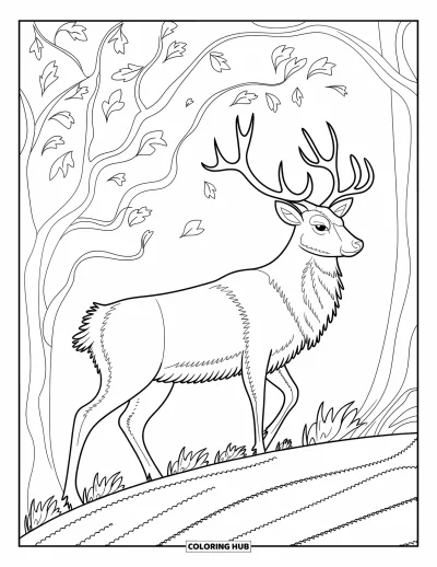 Coloriage d'automne pour adultes : Un cerf majestueux se tient sur une colline venteuse, entouré de feuilles d'automne tourbillonnantes