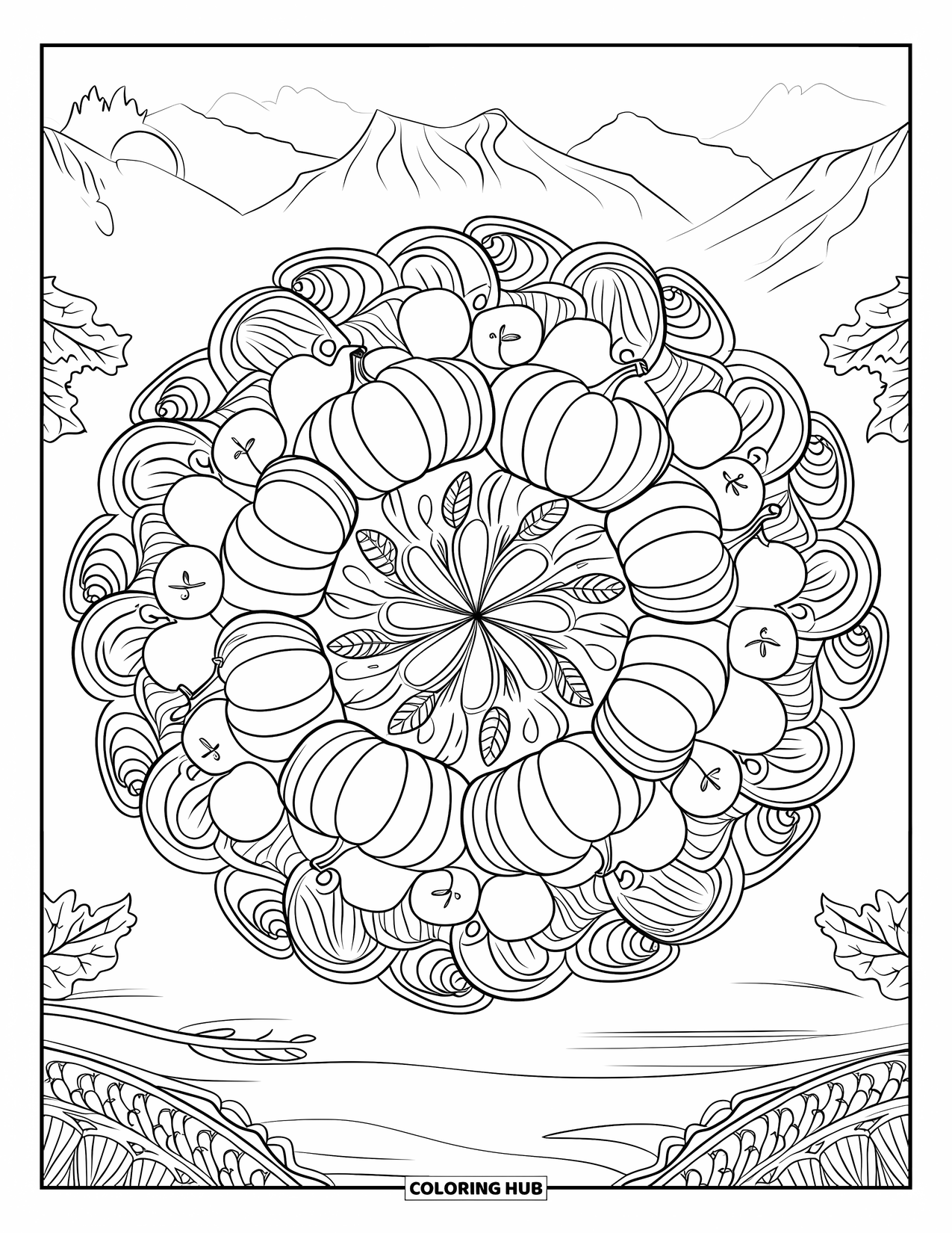 Desenho de outono para colorir para adultos: Uma mandala com abóboras, maçãs e folhas rodopiantes em um intrincado design de outono