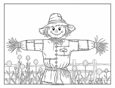 Coloriage d'automne pour adultes : Un épouvantail en patchwork salue dans un champ de fleurs dorées et de brises d'automne