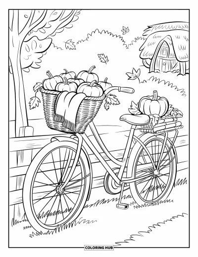Coloriage d'automne pour adultes : Une scène d'automne paisible avec un vélo et une couverture confortable posée sur son panier