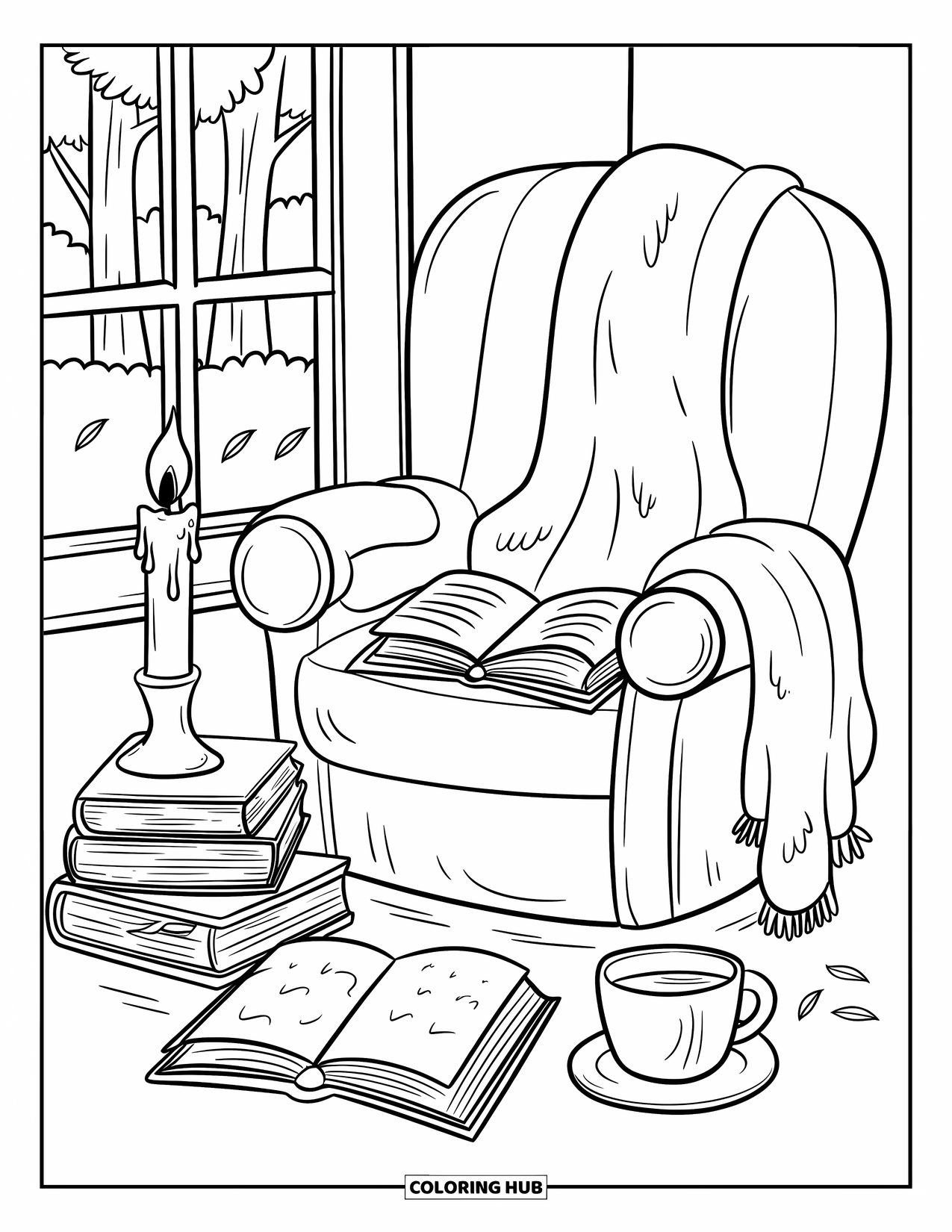 Desenho de outono para colorir para adultos: Um canto de livro pacífico com chá quente, uma cadeira aconchegante e uma vista da janela de folhas caindo