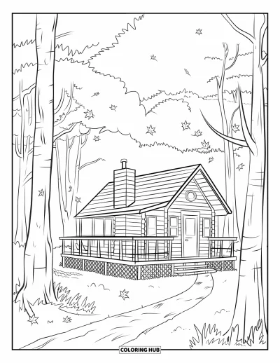 Coloriage d'automne pour adultes : Une cabane forestière paisible avec terrasse en bois, entourée de feuilles et de vues sur les montagnes