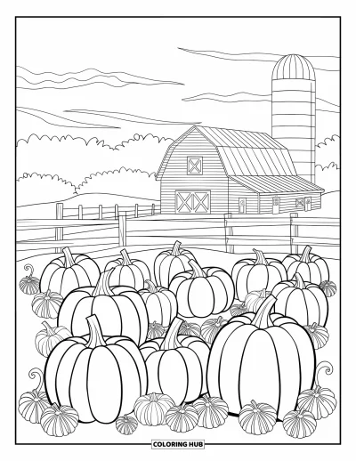 Coloriage d'automne pour adultes : Un champ de citrouilles paisible avec une grange et un silo, entouré d'une clôture en bois rustique