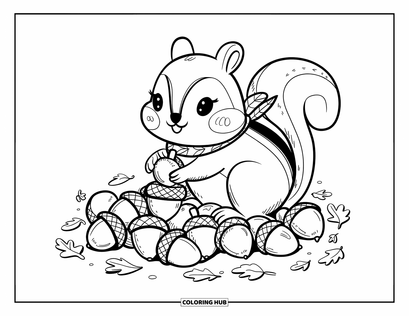 Desenho de outono para colorir para adultos: Um esquilo brincalhão coleta bolotas, com as bochechas cheias e a cauda enrolada atrás dele
