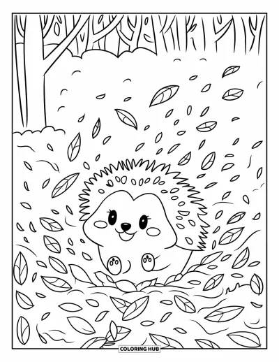 Coloriage d'automne pour adultes : Un hérisson joueur roule à travers des feuilles croustillantes tandis que le vent en emporte d'autres dans l'air