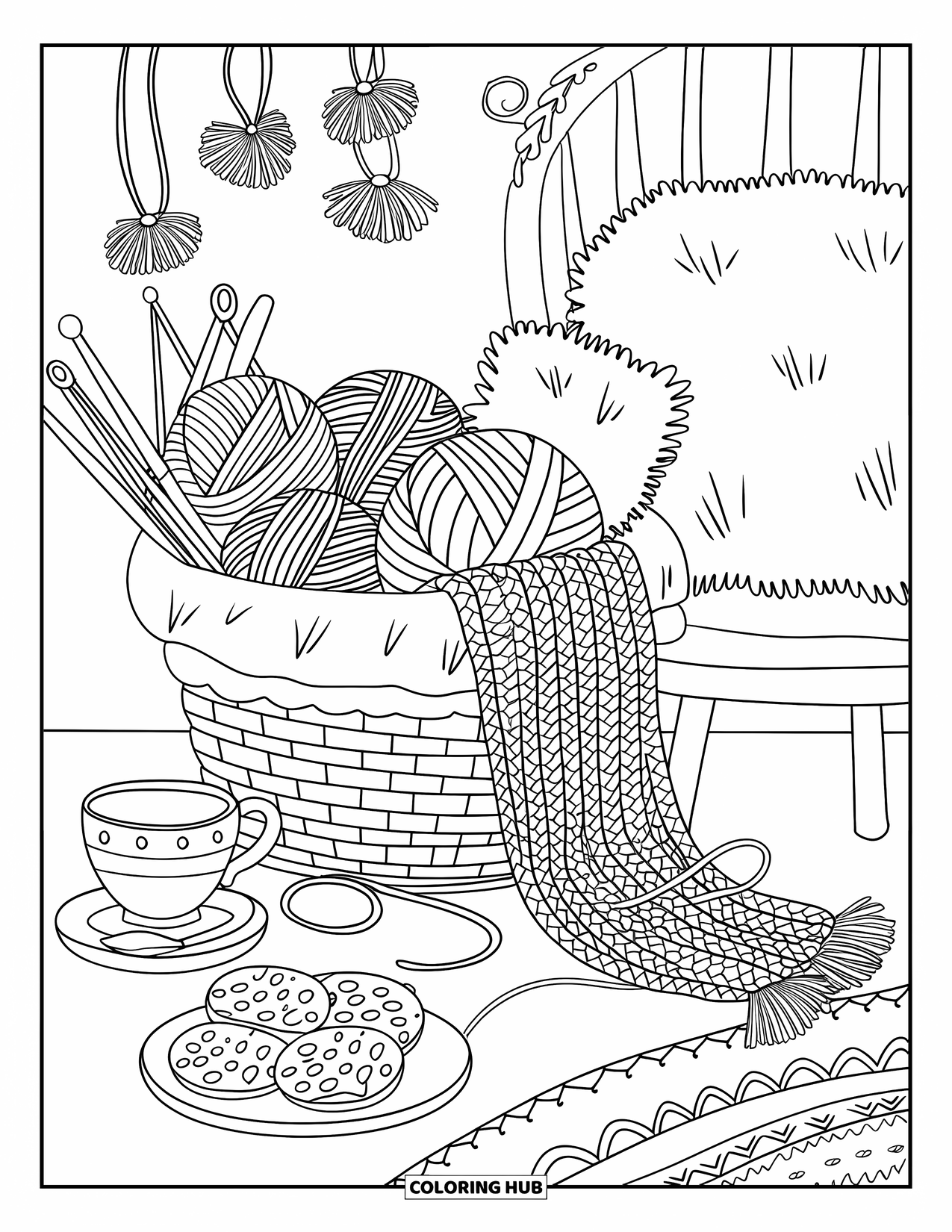 Desenho de outono para colorir para adultos: Um canto tranquilo com uma cesta de lã, um travesseiro macio e um prato de biscoitos