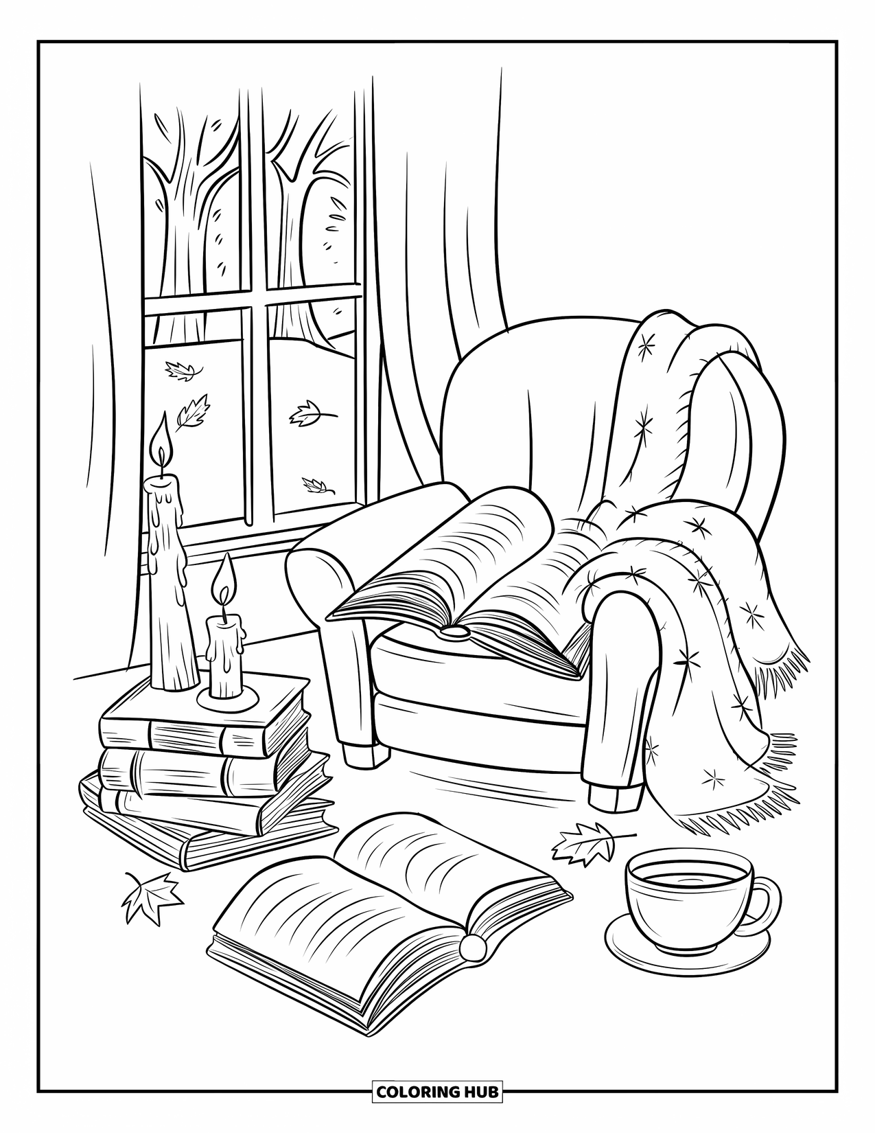 Desenho de outono para colorir para adultos: Um local de leitura tranquilo com um livro aberto, uma vela brilhante e uma cadeira coberta com um cobertor