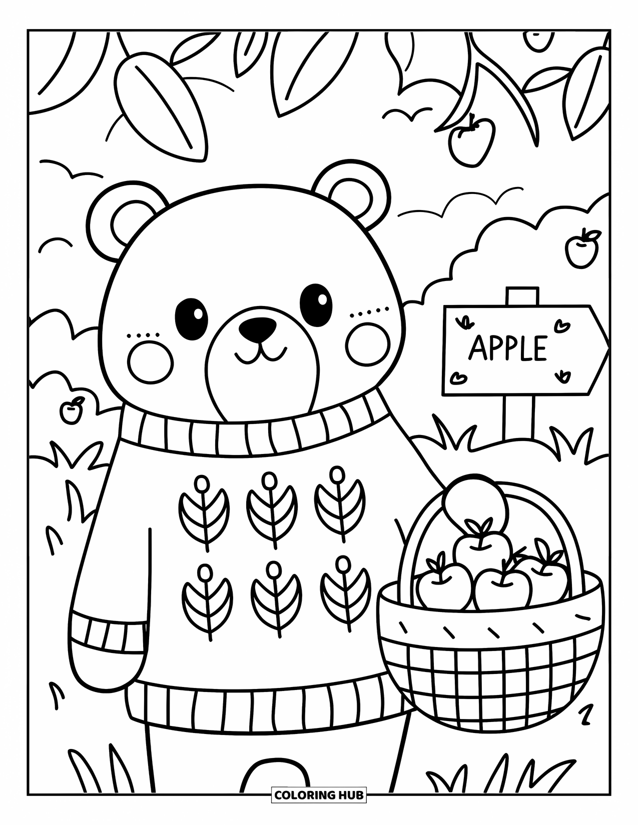 Desenho de outono para colorir para adultos: Um urso redondo em um suéter estampado com folhas carrega uma cesta de maçãs em um pomar