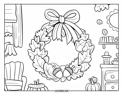 Coloriage d'automne pour adultes : Une couronne ronde de feuilles d'automne et de baies pend avec un ruban doux et fluide