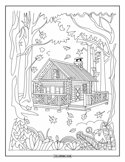 Coloriage d'automne pour adultes : Une cabane rustique avec cheminée et porche se dresse parmi un feuillage d'automne doré