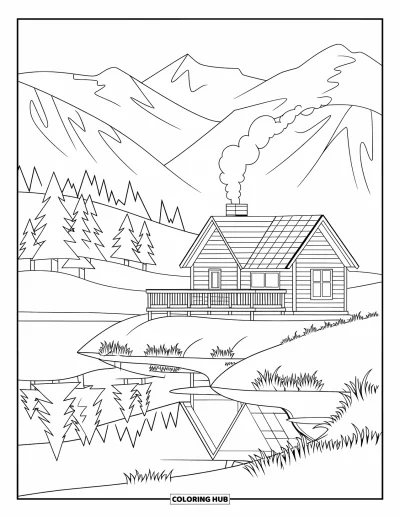 Coloriage d'automne pour adultes : Une cabane rustique avec terrasse en bois surplombe un lac immobile aux reflets d'arbres