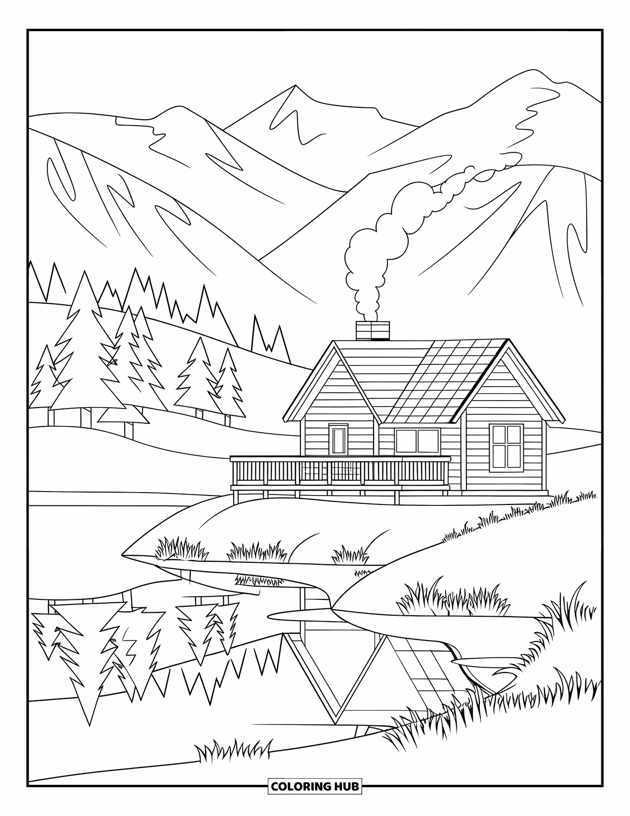 Desenho de outono para colorir para adultos: Uma cabana rústica com um deck de madeira tem vista para um lago calmo com reflexos de árvores
