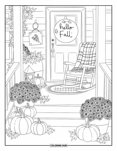 Coloriage d'automne pour adultes : Un porche rustique décoré de citrouilles, de chrysanthèmes et d'une pancarte d'automne accueillante