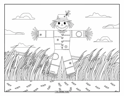Coloriage d'automne pour adultes : Un épouvantail rustique se tient dans un champ venteux, son chapeau légèrement incliné