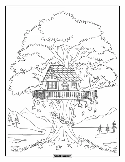 Coloriage d'automne pour adultes : Une cabane rustique dans les arbres avec citrouilles et tiges de maïs domine un paysage de collines ondulantes