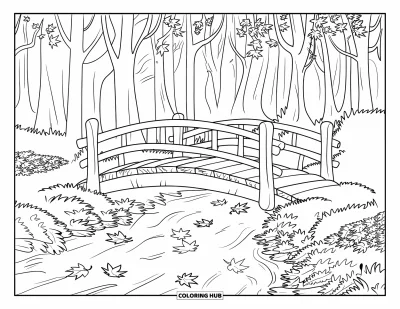 Coloriage d'automne pour adultes : Un pont rustique en bois traverse un ruisseau clair, avec des feuilles d'automne flottant sur l'eau