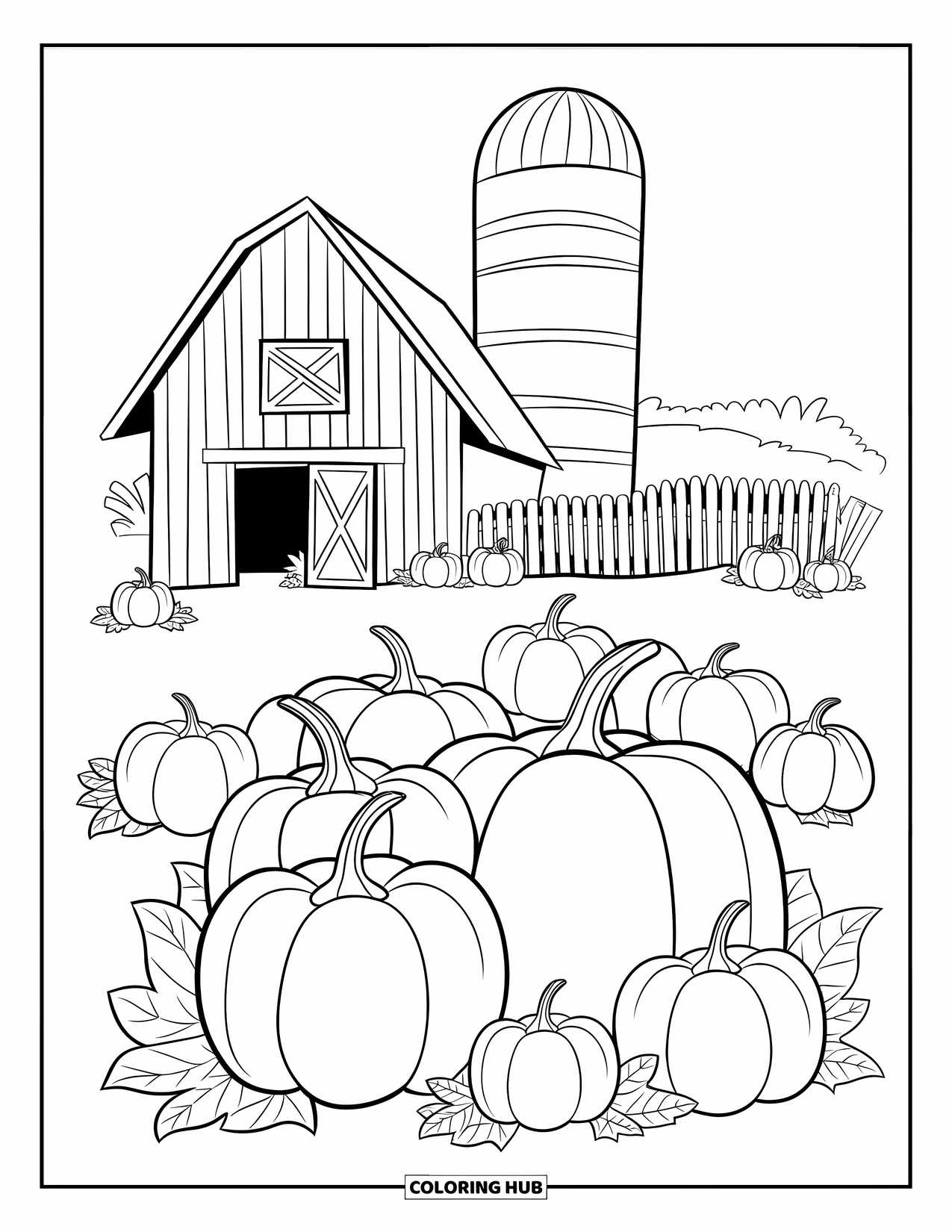Desenho de outono para colorir para adultos: Um campo de abóboras pitoresco com um celeiro, silo e abóboras espalhadas em um chão coberto de palha