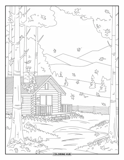 Coloriage d'automne pour adultes : Une cabane d'automne isolée repose dans les arbres, entourée de feuilles nettes qui tombent