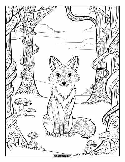 Coloriage d'automne pour adultes : Un renard serein se repose sur un lit de feuilles, entouré de vignes tourbillonnantes et de détails forestiers