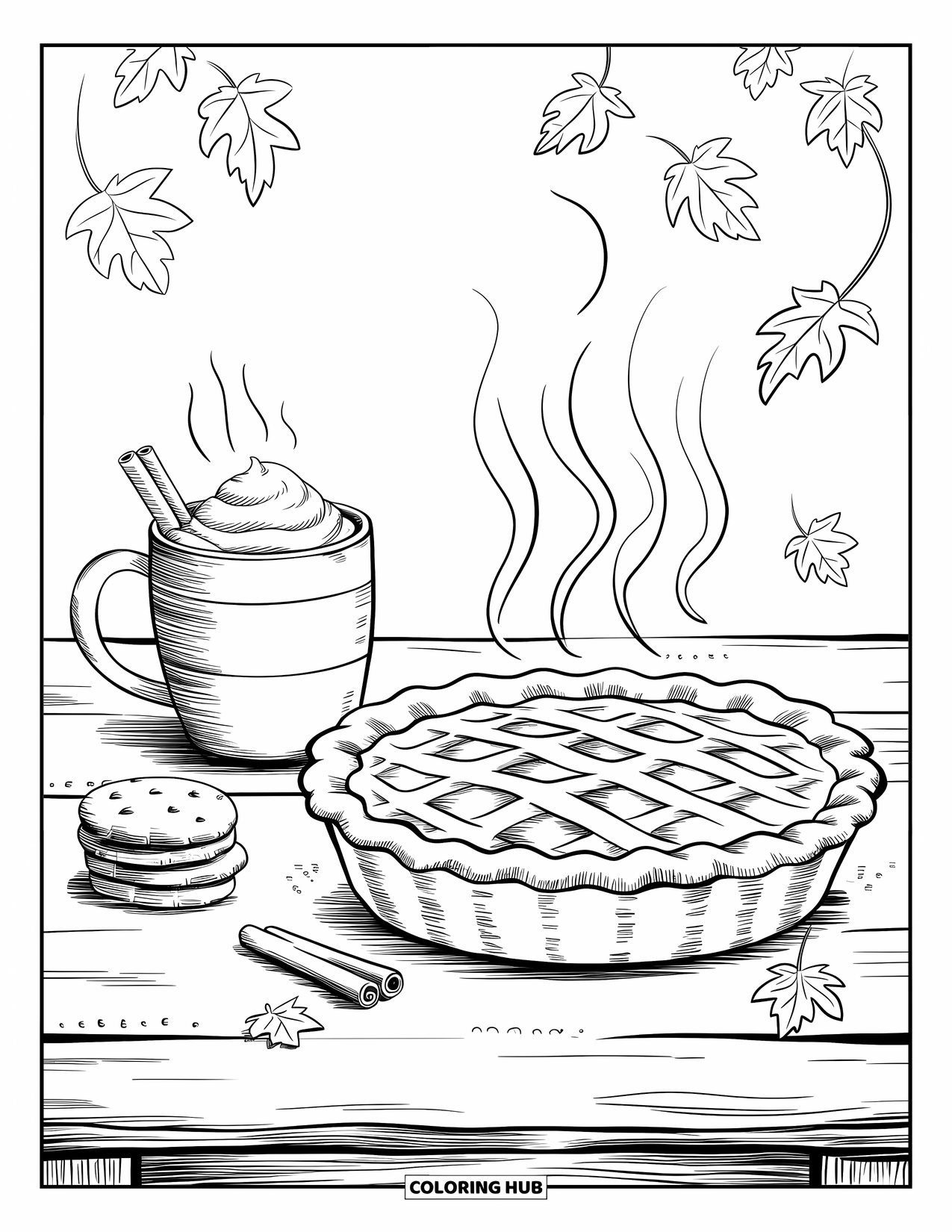 Desenho de outono para colorir para adultos: Uma fatia de torta de abóbora com uma caneca fumegante de chocolate quente e uma pitada de folhas caindo