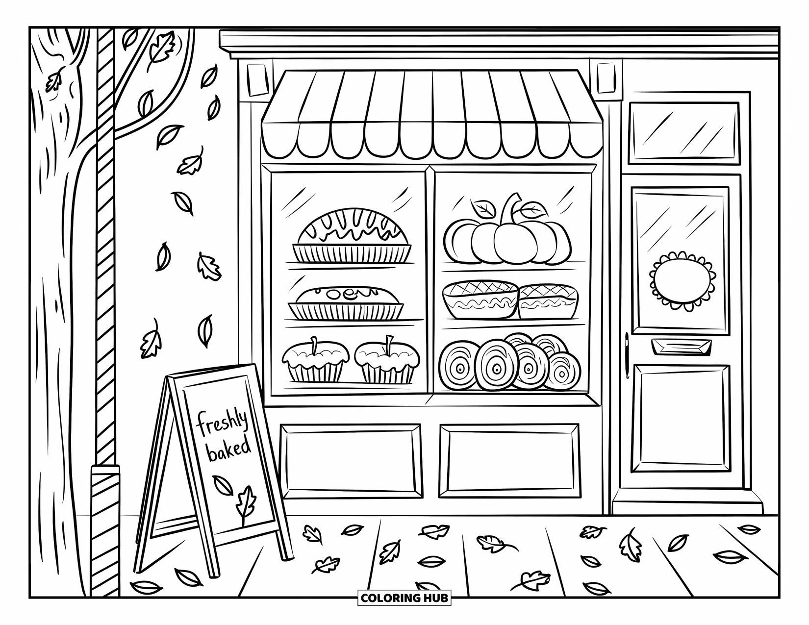 Desenho de outono para colorir para adultos: Uma pequena vitrine de padaria com uma exibição de doces sazonais e decorações quentes