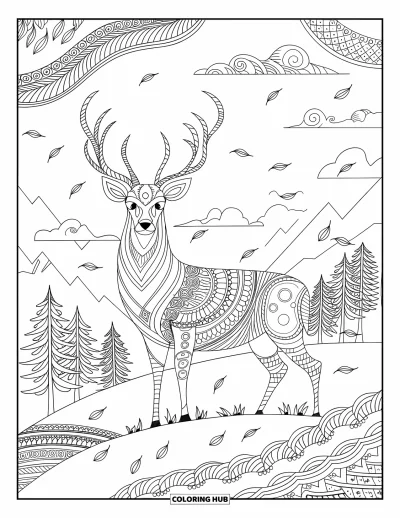 Coloriage d'automne pour adultes : Un cerf puissant regarde au loin depuis une colline, encadré d'arbres et de feuilles d'automne emportées par le vent