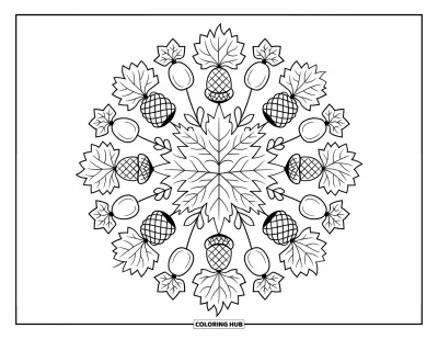 Coloriage d'automne pour adultes : Un motif symétrique de glands, de pommes de pin et de feuilles d'érable arrangés en cercle