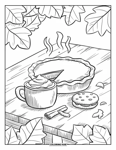 Coloriage d'automne pour adultes : Une table dressée avec une tarte à la citrouille, des bâtons de cannelle et une boisson bien chaude