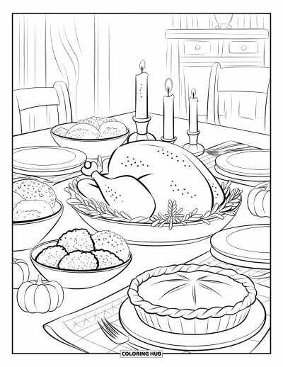 Coloriage d'automne pour adultes : Un festin de Thanksgiving avec dinde rôtie, tarte à la citrouille et centre de table à la bougie