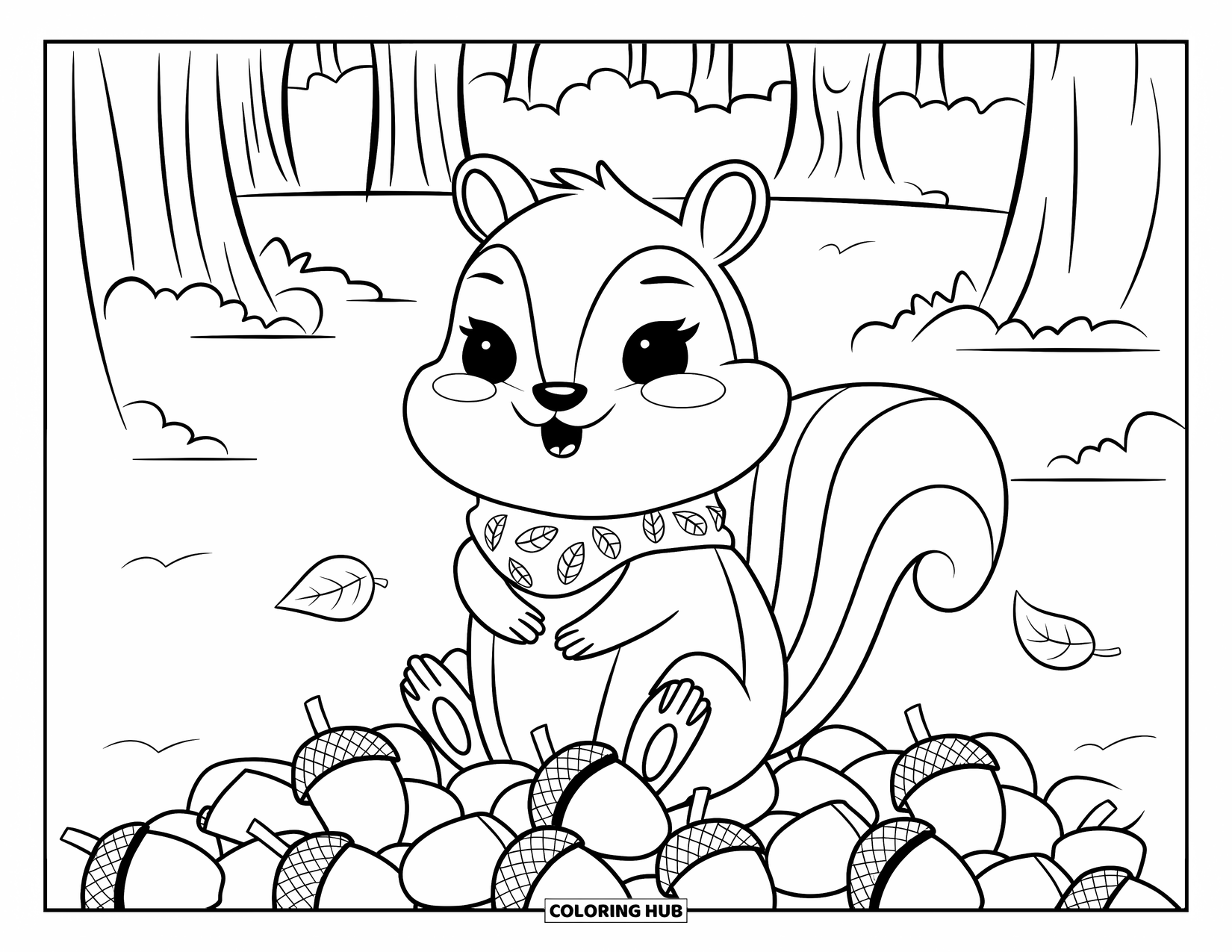 Desenho de outono para colorir para adultos: Um pequeno esquilo empilha bolotas cuidadosamente enquanto está enrolado em um cachecol estampado aconchegante