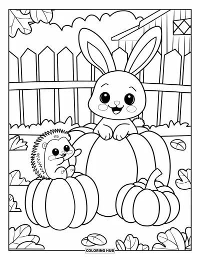 Coloriage d'automne pour adultes : Un minuscule hérisson et un lapin sont assis sur des citrouilles, entourés d'un décor d'automne rustique