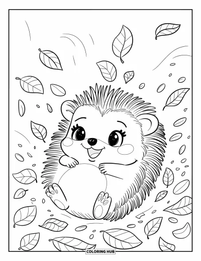 Coloriage d'automne pour adultes : Un minuscule hérisson fait des culbutes joyeuses dans un tas de feuilles, avec quelques-unes collées sur sa tête