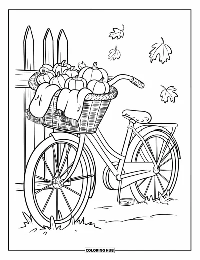 Coloriage d'automne pour adultes : Un vélo vintage est appuyé contre une clôture en bois, son panier rempli de pommes et de citrouilles