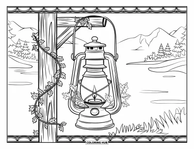 Coloriage d'automne pour adultes : Une lanterne vintage suspendue à un poteau en bois est entourée de branches d'automne enroulées