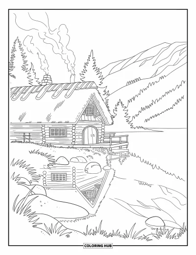 Coloriage d'automne pour adultes : Une cabane chaleureuse au bord du lac avec toit de chaume se trouve parmi des arbres et des collines ondulantes