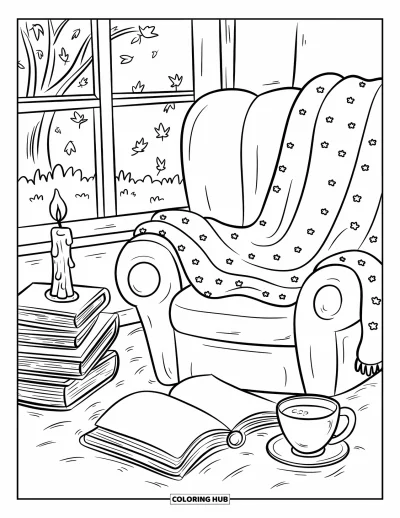 Coloriage d'automne pour adultes : Un coin lecture chaleureux avec une pile de livres, une bougie vacillante et une couverture douce